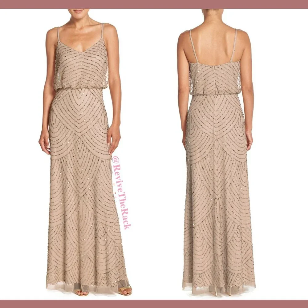 NEW $260 Adrianna Papell Art Deco‎ Beaded Blouson Gown in Taupe Pink [SZ 12P ]